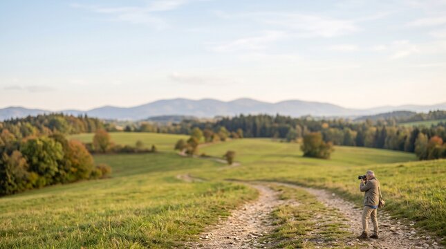 自然の風景にカメラを向けてシャッターチャンスを待つシニアの手元クローズアップ