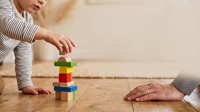 リビングの床で木製ブロックのタワーを組み立てる親子の室内遊びと知育コピースペース
