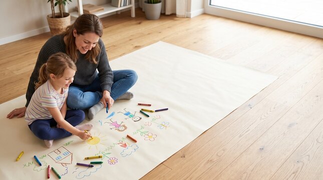 床に広げた大きな紙にお絵描きを楽しむ親子の創作活動と知育おうち時間
