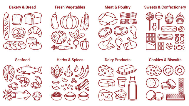 Monoline grocery icons set categorized into separate food groups with title headers.
