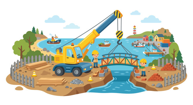 Cute construction workers using a large yellow crane to lower a wooden bridge into place over a river in a coastal town.