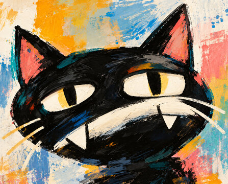 カラフルな抽象背景に描かれた黒猫の顔