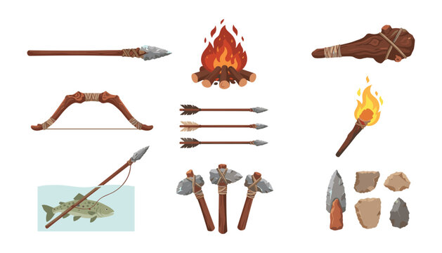 Stone age weapon and tool icons set featuring primitive prehistoric hunting equipment campfire cartoon vector illustration isolated on white background.