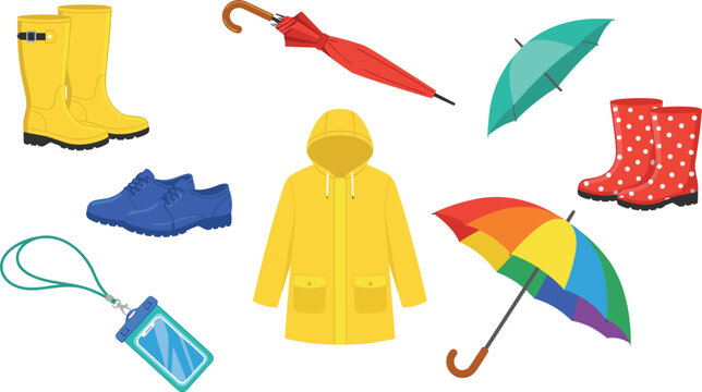 Rainy day weather clothing and accessories set featuring yellow raincoat boots colorful umbrellas cartoon vector elements isolated on white background.