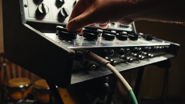 Music studio close up, Close up hands shot of sound engineer using mixing console, remote control for adjusting sound, audio mixer. Musician creates music, makes remix for DJ set. Sound recording