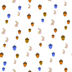 Scattered cartoon rabbits and acorns pattern © analod