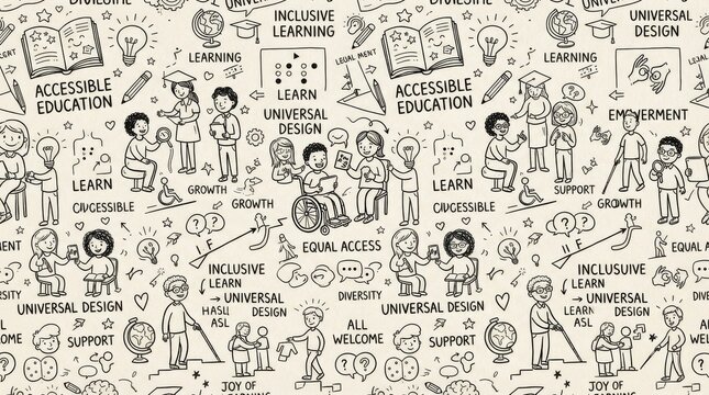 Universal inclusive design seamless pattern with human centered hand drawn doodle illustration