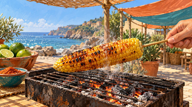Mano girando mazorca asada durante vacaciones gastron&oacute;micas callejeras