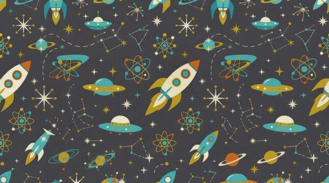 Seamless pattern of retro cartoon space exploration icons with cartoon rockets