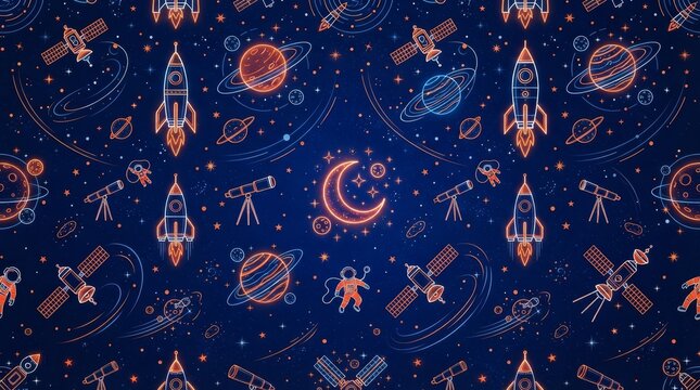 Seamless pattern of space travel and cosmic objects on dark blue with rocket ship
