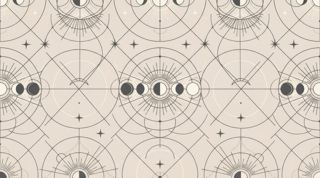 Seamless pattern of moon phases and geometric lines on a beige background with celestial design