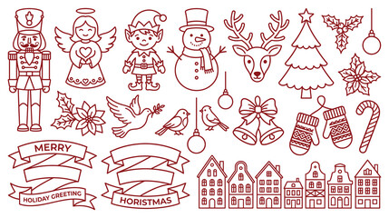 Fototapeta premium Christmas festive icons set featuring red line art illustrations for holiday card design.
