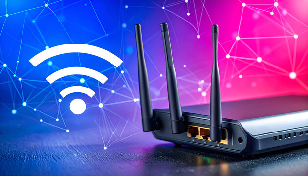 Wireless Router with Wi-Fi Signal: A modern wireless router with external antennas stands against a vibrant background of glowing Wi-Fi signals and network connections.
