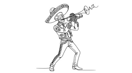 Fototapeta premium Skeleton Mariachi Musician Playing Trumpet Isolated