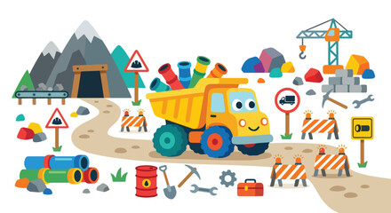 A cute yellow dump truck carrying colorful pipes drives along a dirt road in a busy cartoon construction site scene. © Rangga