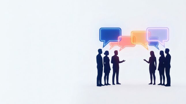 Business team silhouettes having professional discussion with floating neon speech bubbles for communication and collaboration concepts.