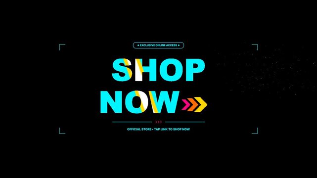 Widescreen 16x9 4K motion graphic animation of bold SHOP NOW typography in electric cyber cyan and neon magenta chevrons. Features modern flat UI cursor click triggering an instant particle dust sweep