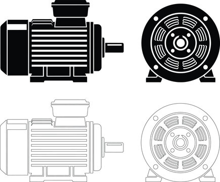 Technical drawing and silhouette of an industrial electric motor unit
