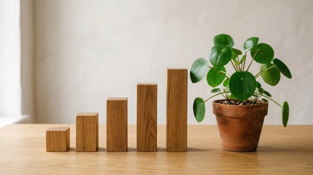 Wooden blocks arranged in a growth chart next to a vibrant green plant