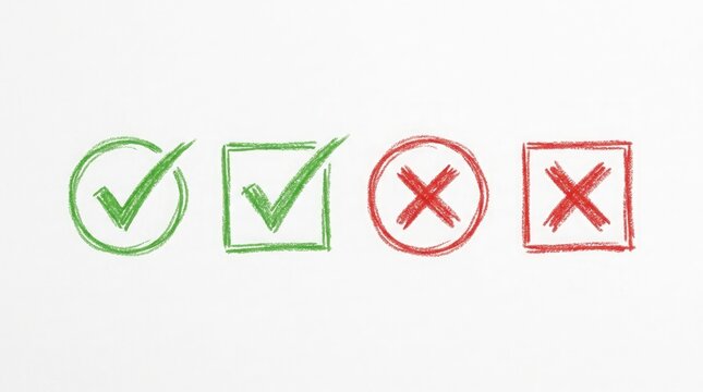 Four hand drawn check marks and crosses representing positive and negative choices