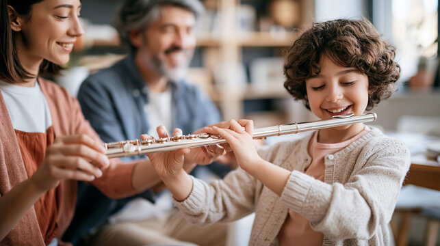Young Boy Learning Flute with Parents at Home