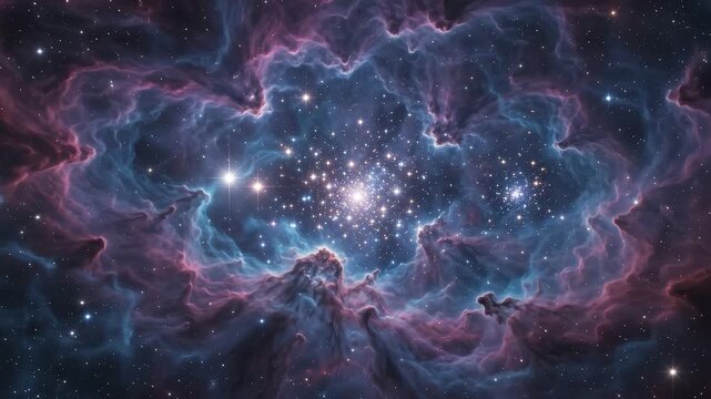 Glowing deep space nebula and bright star cluster in galaxy