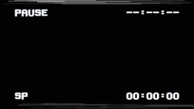 vhs pause glitch overlay screen effect with retro analog tape noise and static on black background