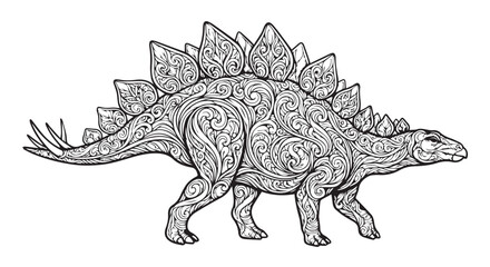 Detailed ornate stegosaurus dinosaur vector illustration filled with intricate floral swirls and patterns on a white background © md