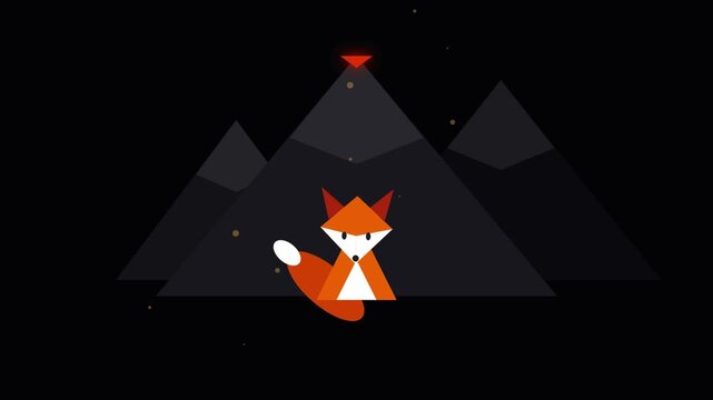 A clever orange fox sits peacefully within a dark volcanic landscape as a distant mountain peak glows with intense heat during the quiet night while tiny glowing embers drift through the cool