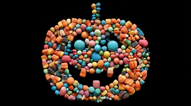 Colorful candy art depicting a Halloween pumpkin face with bright blue eyes and a wide smile on a black background.