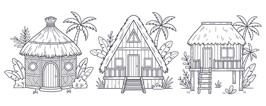 Tropical beach huts and coconut palms line art vector set for kids.