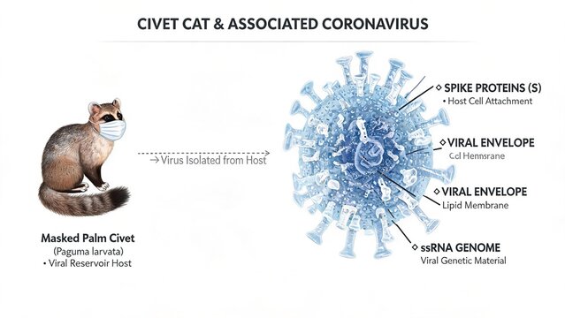 Civet Cat and Associated Coronavirus Scientific Illustration, Masked Palm Civet Host and Virus Anatomy with Labels