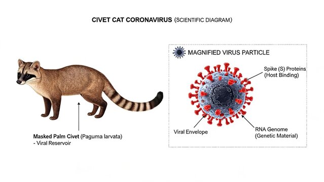Scientific Diagram of Civet Cat Coronavirus, Masked Palm Civet as Viral Reservoir and Magnified Coronavirus Particle Structure