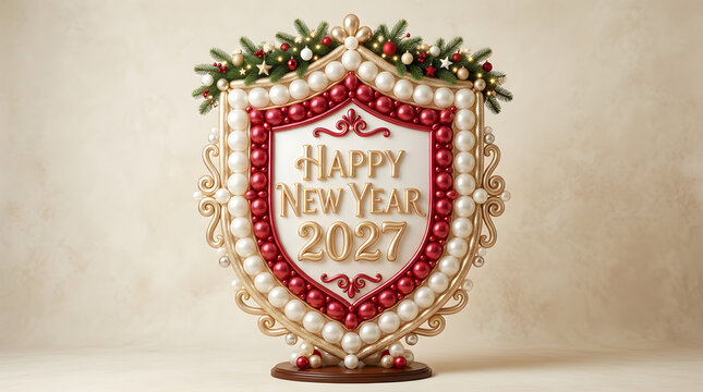 A festive shield decoration featuring gold lettering that says happy new year 2027 on a white background