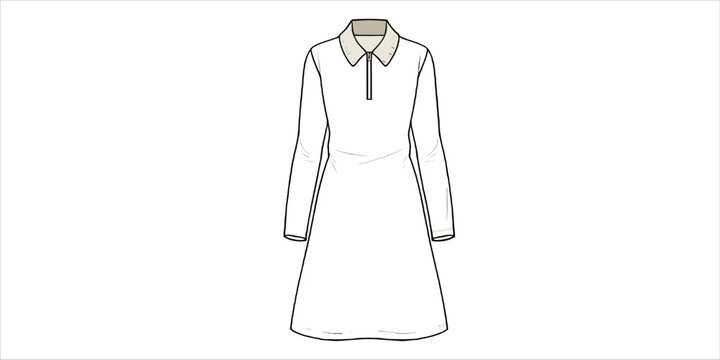 Technical fashion sketch of a long sleeve polo shirt dress with a zipper placket in a simple line art style on a white background