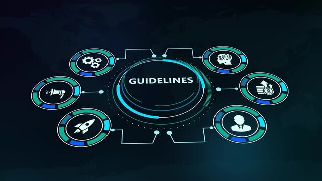 Futuristic HUD circular digital interface displaying guidelines concept with connected corporate business icons