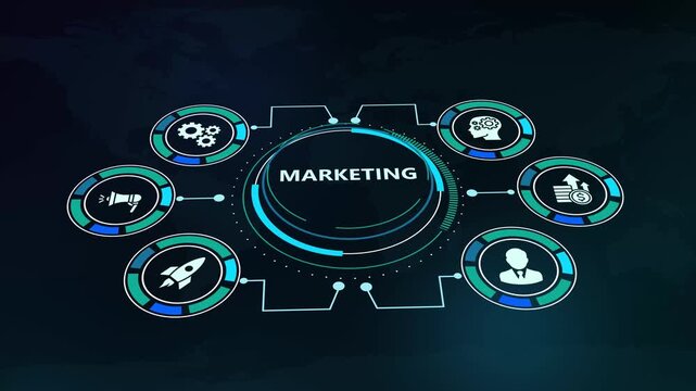 Digital HUD interface displaying digital marketing business concept with megaphone icon and connected graphic elements