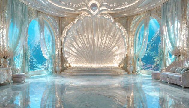 Underwater luxury palace with giant seashell and luminous ocean view