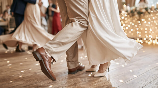 Newlywed Couple's Feet Dancing on Wooden Floor Beneath Sparkling Fairy Lights at Wedding Party
