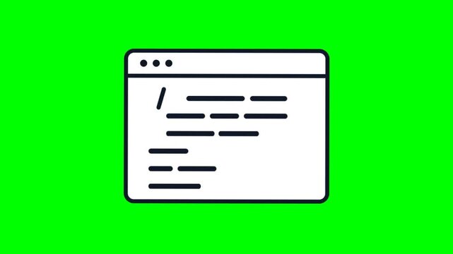 Animated web browser window icon with programming code lines on green screen background. Concept of software development and web technology.