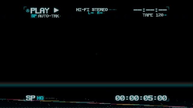 vhs retro screen overlay with glitch play display on black background for analog video aesthetic