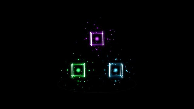 Abstract geometric cubes rotating with glowing neon lights against a dark void during a digital transition