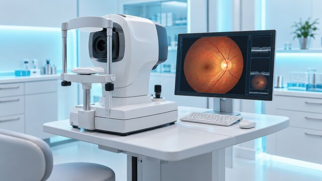 Modern ophthalmological equipment with retinal imaging screen for eye exam in clinical laboratory setup