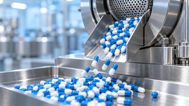 Automated pharmaceutical capsule filling machine in modern laboratory facility for medicine production process