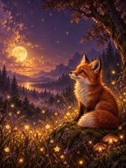 Fototapeta premium Enchanted fox beneath moonlit mountains, wildflowers, fireflies