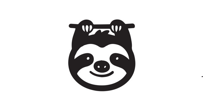 Minimalist vector icon illustration of a cute sloth hanging from a branch on a textured background