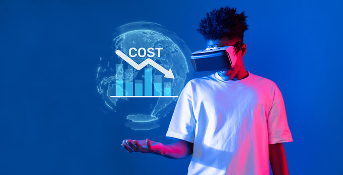 A young man engages with virtual reality technology to explore cost reduction strategies for corporate budgeting while surrounded by digital data visualizations. XDMCP