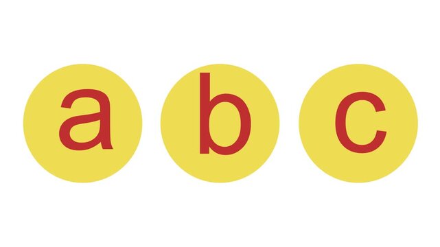 Animated alphabet letters a b c in yellow circles fading in on white background, education learning motion graphic