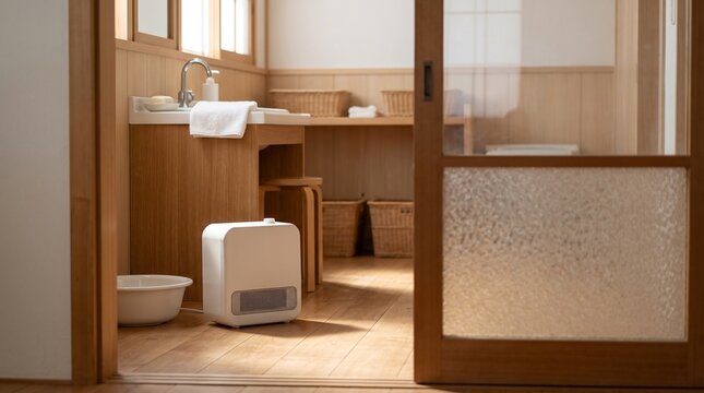 脱衣所の床に置いた白い小型ヒーター　半開きの引き戸越し・低い冬の日差しと長い影
