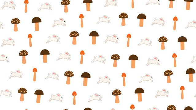 Seamless pattern of rabbits and mushrooms